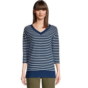 Lands end Navy V-Neck Striped Sweatshirt 3/4 sleeves size 14/16